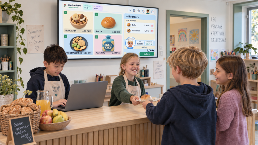 Børn sælger og køber en bolle i SFO-caféen med Flango Café på skærmen.