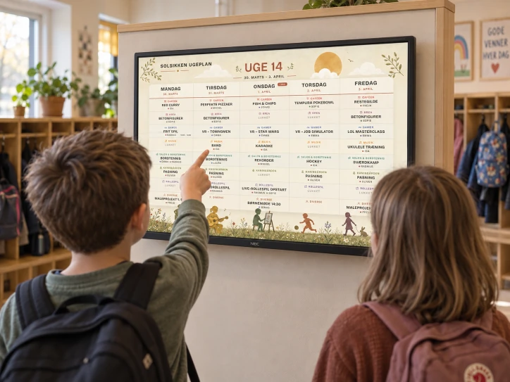 To børn ser dagens aktiviteter på Flango Ugeplan i garderoben.