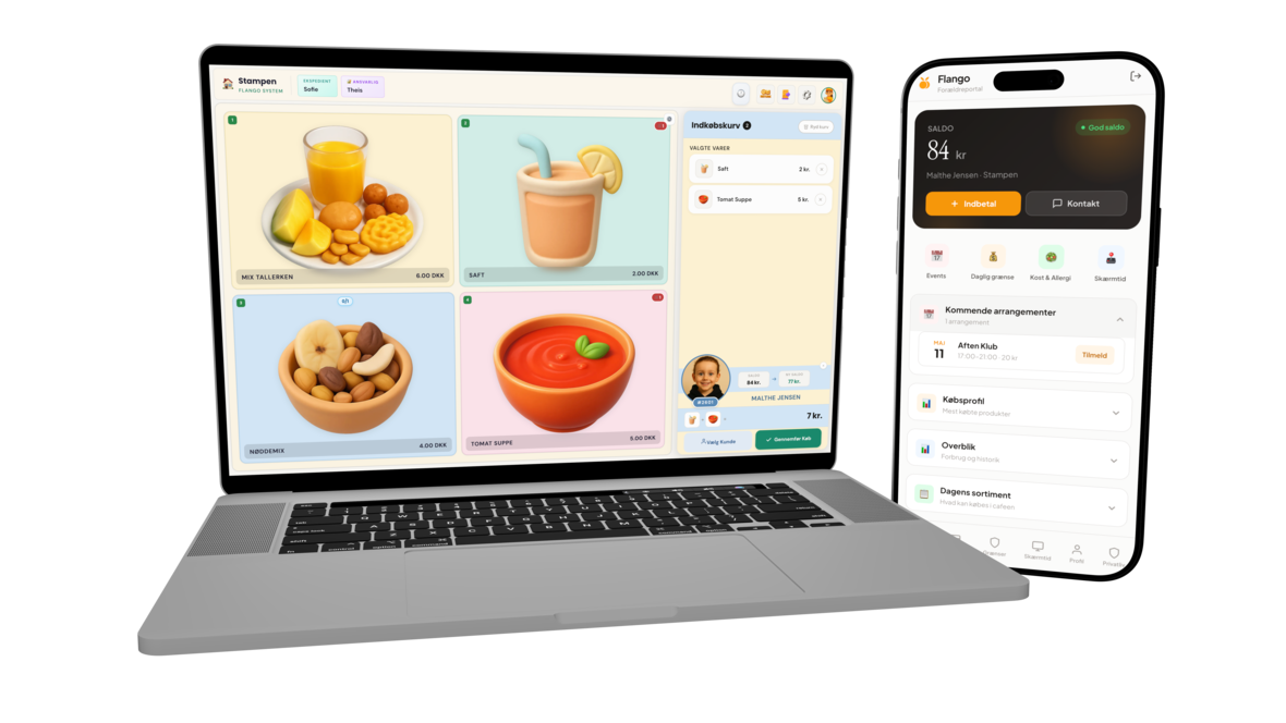 Flango Café-appen på en MacBook ved siden af Forældreportalen på en iPhone