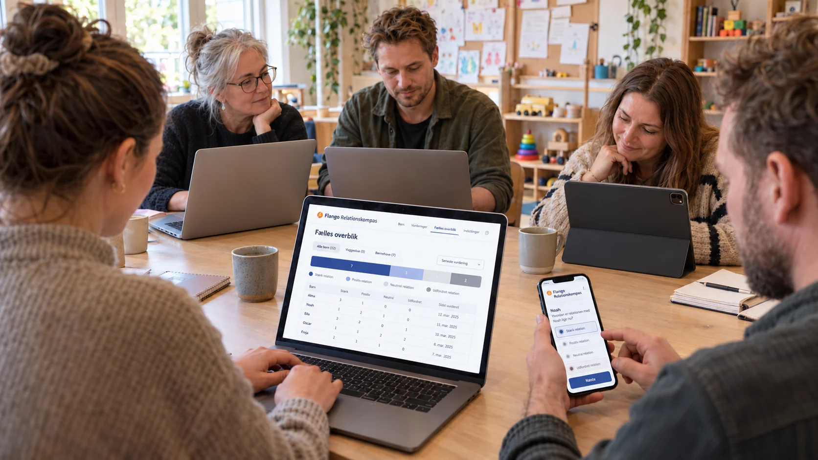Pædagoger bruger Relationskompas på bærbare, iPad og mobil under et personalemøde.